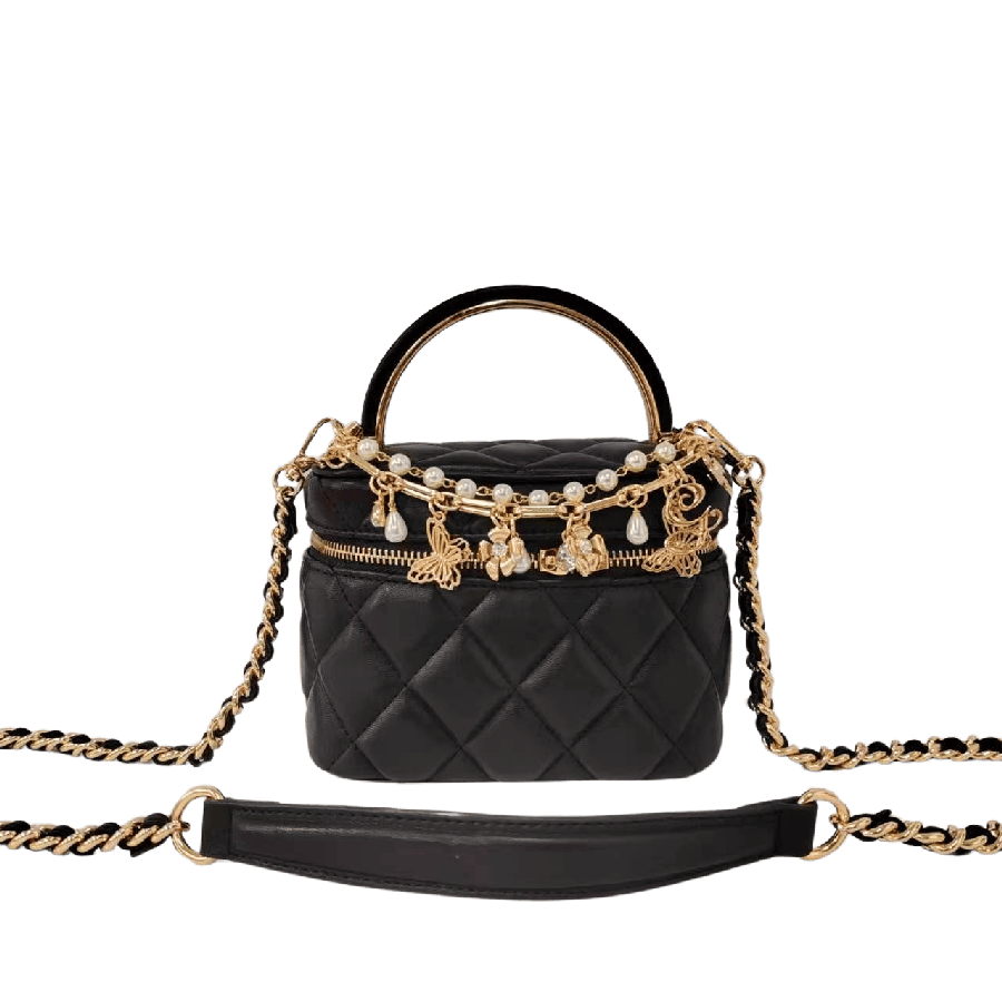 Black quilting ladies handbag with metal handle and decorative chain