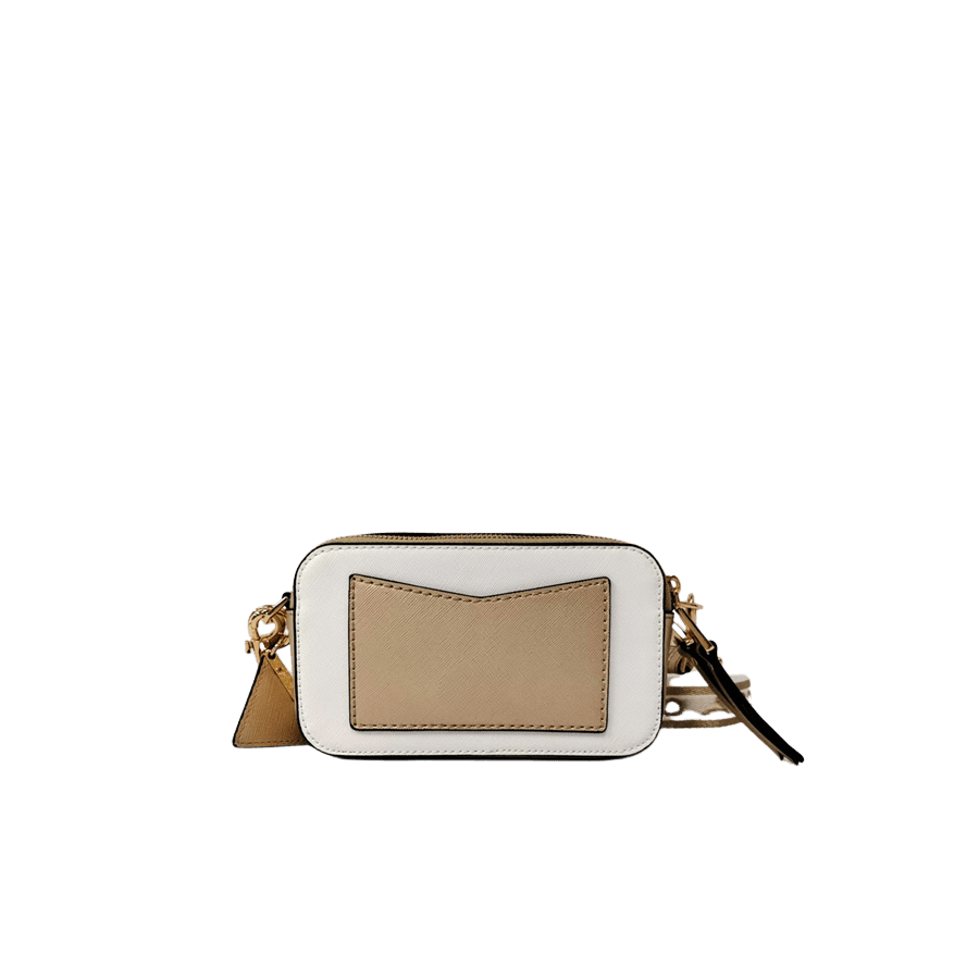 Ladies crossbody with decorative triangle hardware and card pocket on the back