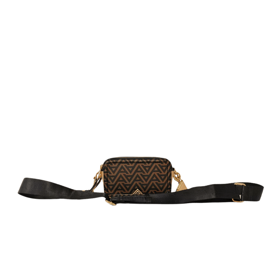 Ladies crossbody with decorative triangle hardware and card pocket on the back
