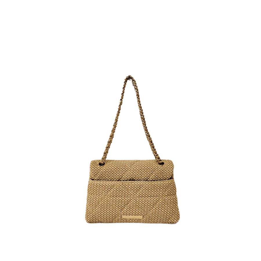 Beige quilting straw ladies handbag with decorative straw flower and triangle enemal hardware