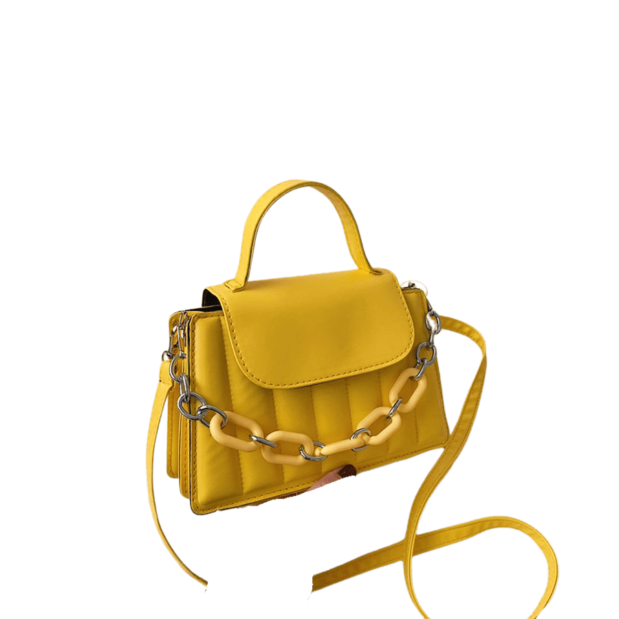 Yellow quilting ladies handbag with plastic chain handle and magnetic snap closure