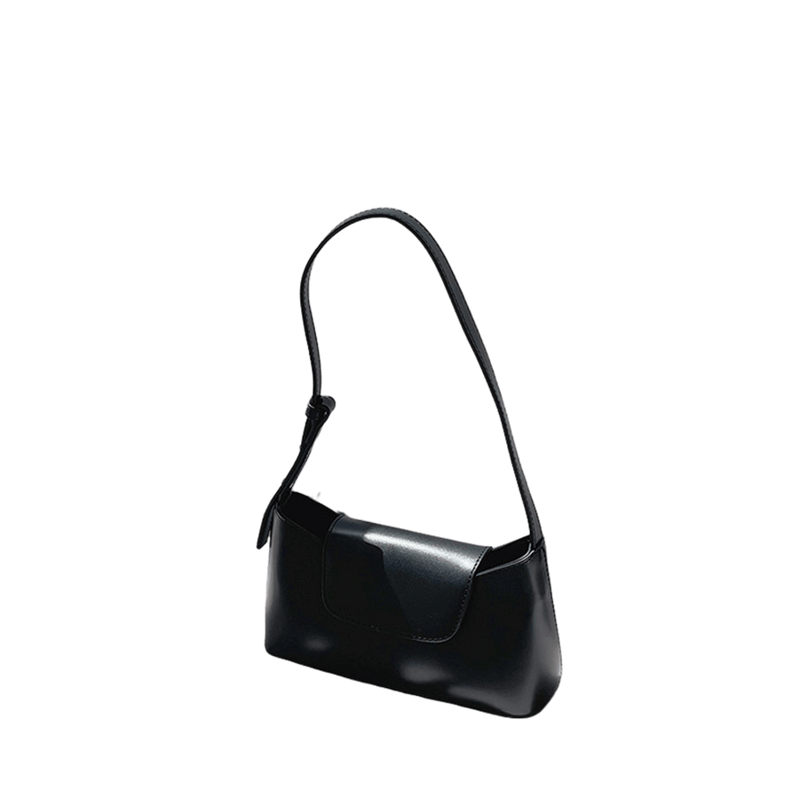 Black ladies handbag with small flap and magnetic snap closure