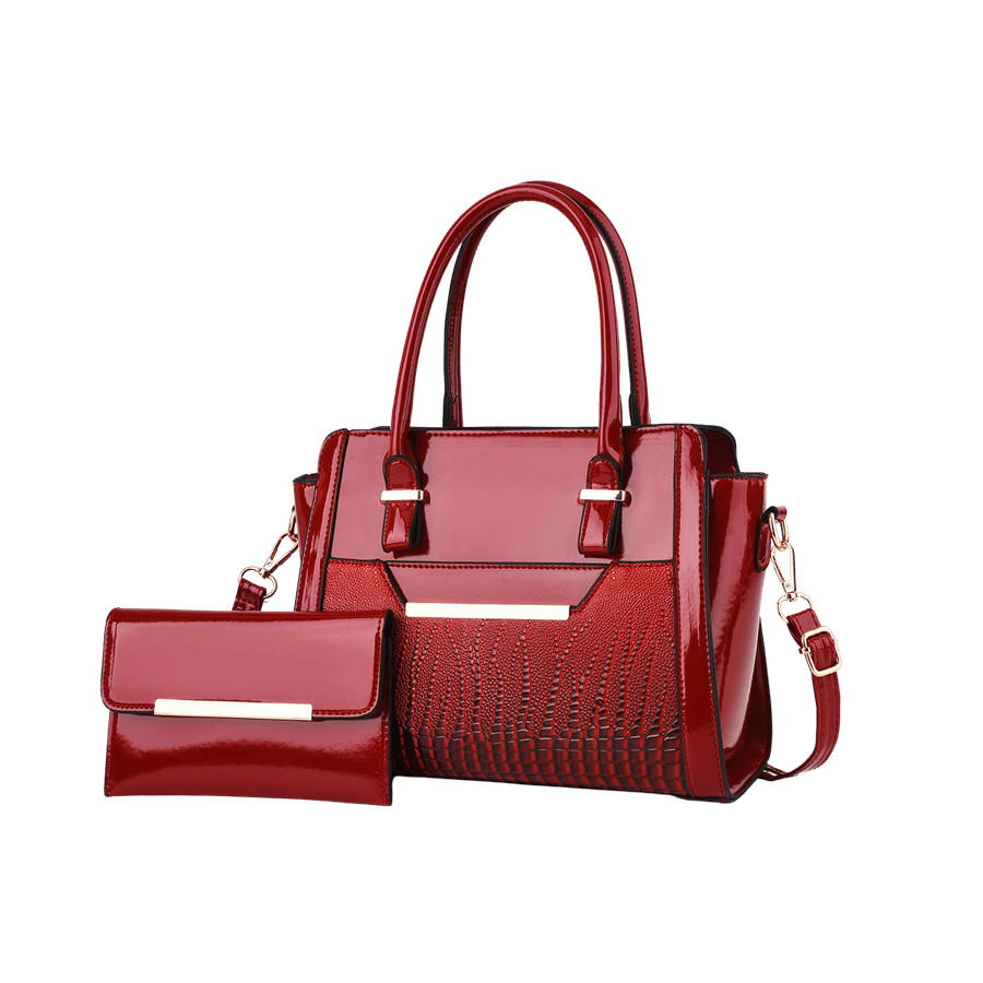 Black patent PU ladies handbag sets with metal edge and trim croco PU