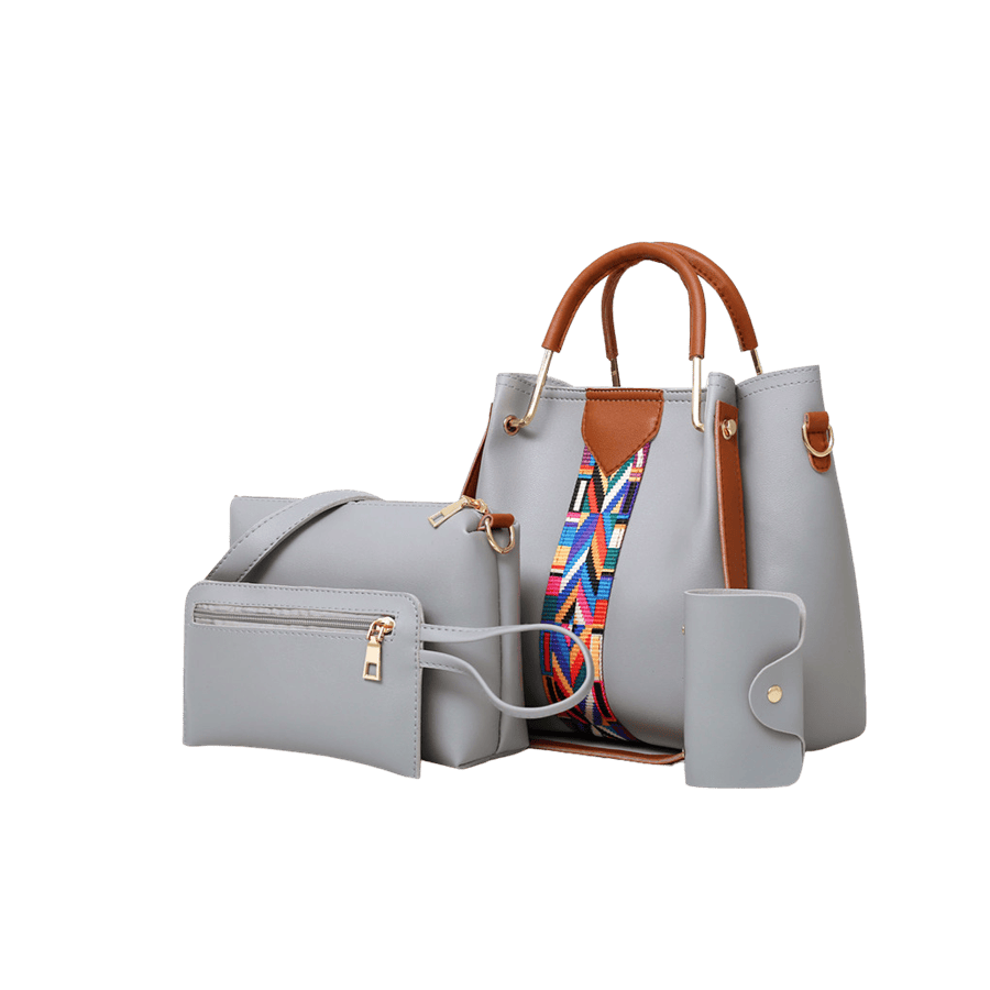 Pink ladies handbag sets with jacquard webbing on the front and metal handle