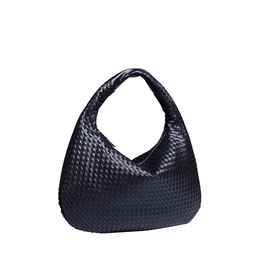 Black weave ladies hobo bag with top zip closure