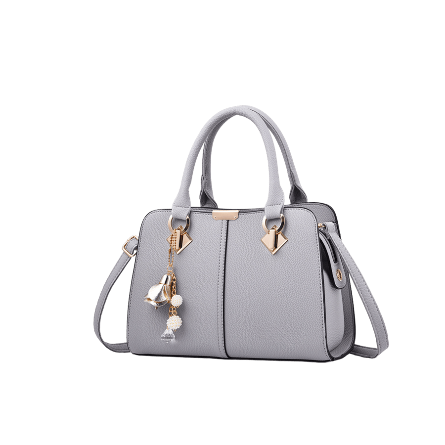 Grey splicing ladies handbag with metal hangtag and tab
