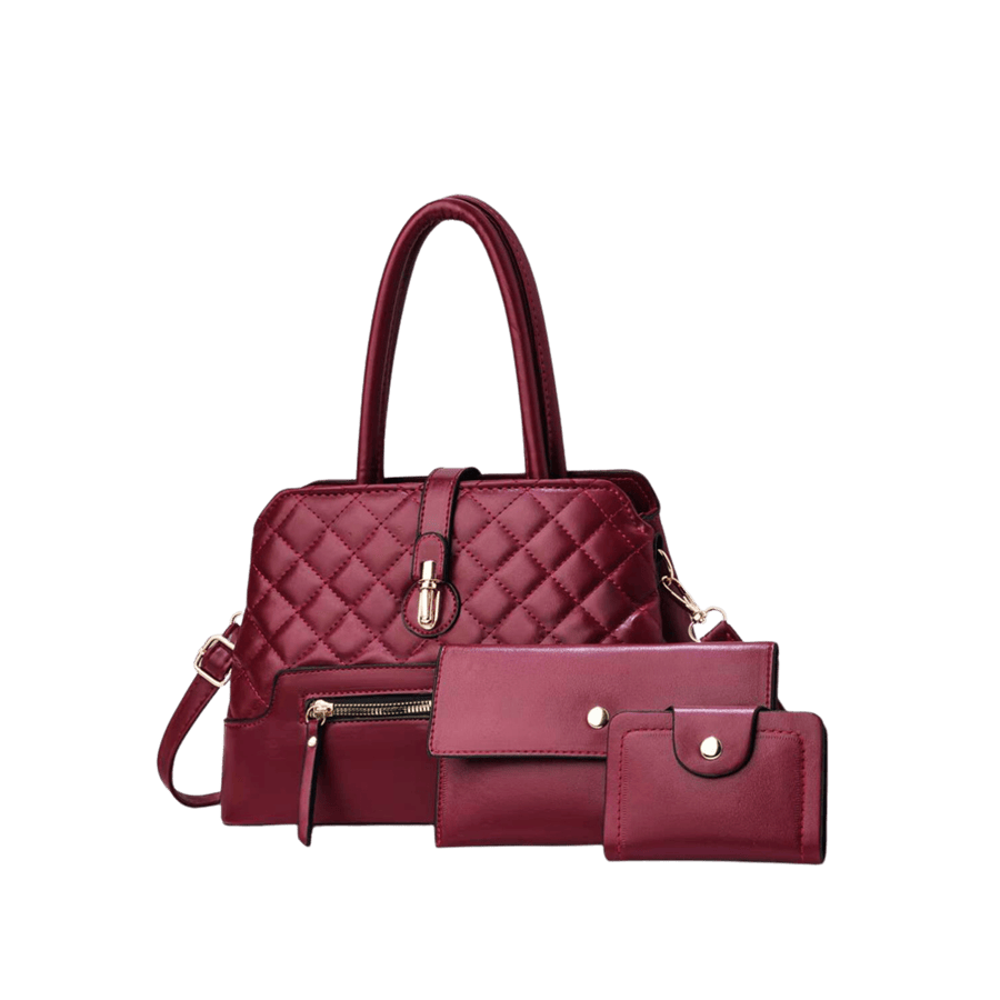 Burgundy quilting ladies handbag sets with lock closure and contrast edge painting