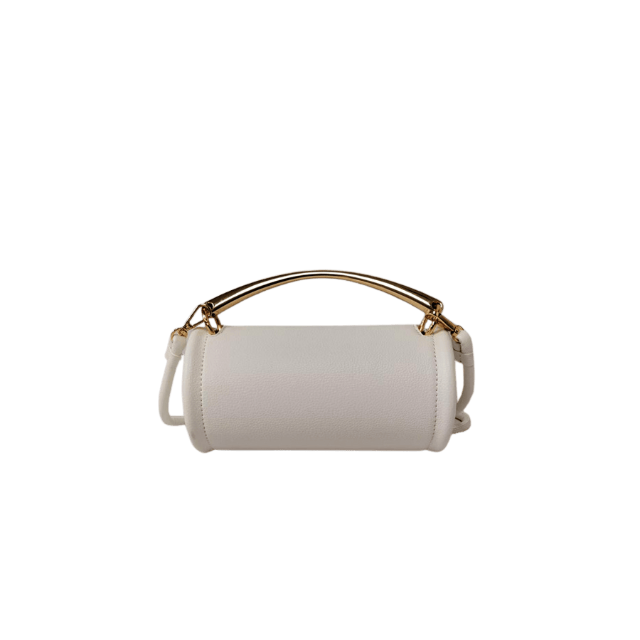 Beige cylinder ladies crossbody bag with metal handle and magnetic snap closure