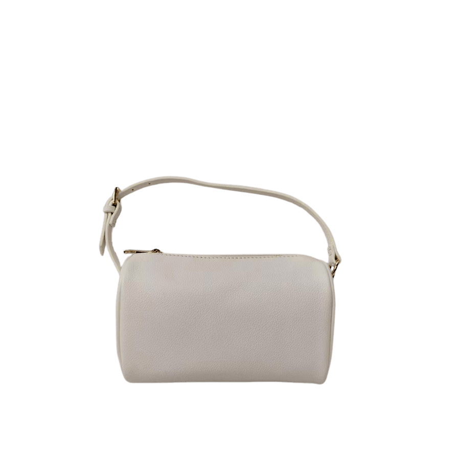 Black cylinder handbag with adjustable handle and top zip closure