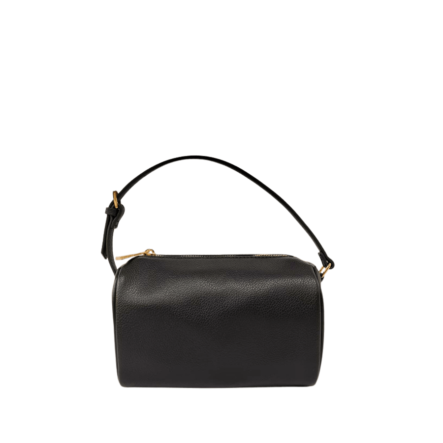 Black cylinder handbag with adjustable handle and top zip closure