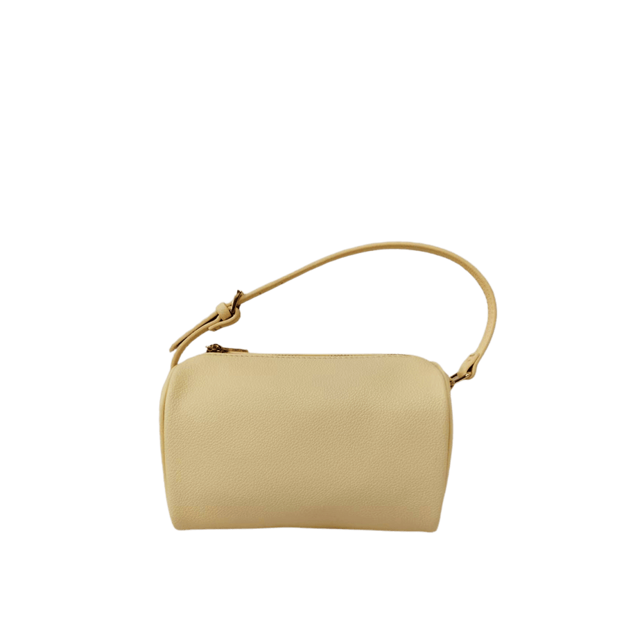 Black cylinder handbag with adjustable handle and top zip closure