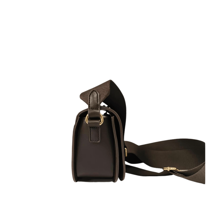 Brown ladies crossbody bag with matching faux suede and decorative square ring