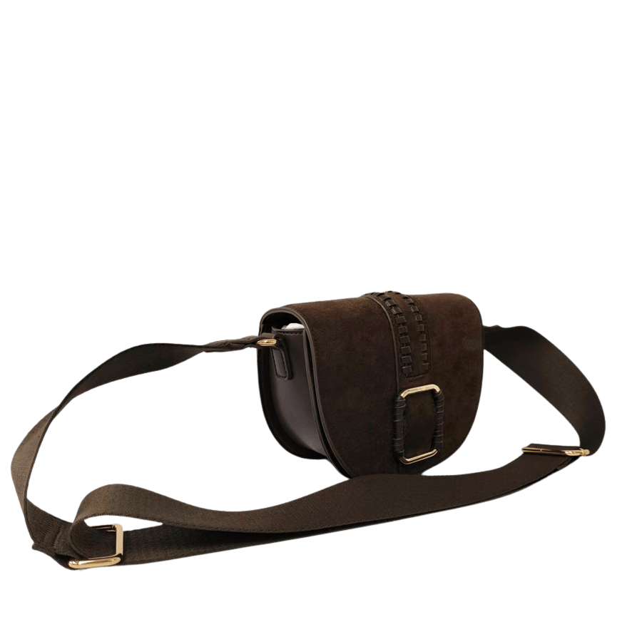 Brown ladies crossbody bag with matching faux suede and decorative square ring