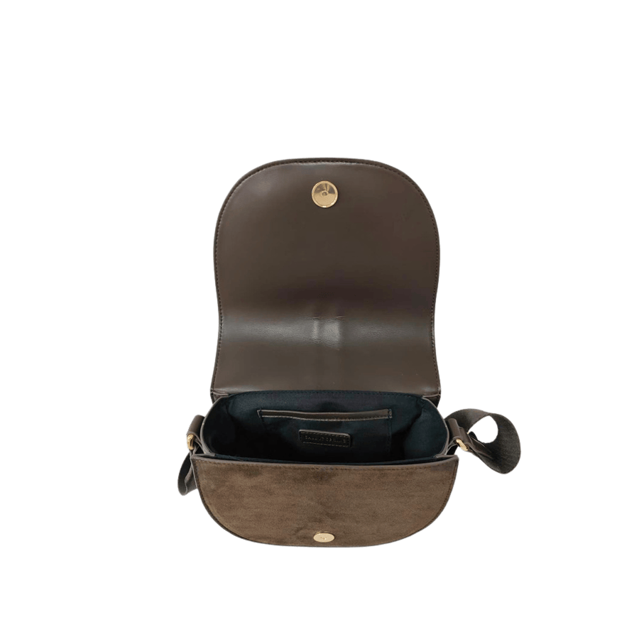 Brown ladies crossbody bag with matching faux suede and decorative square ring