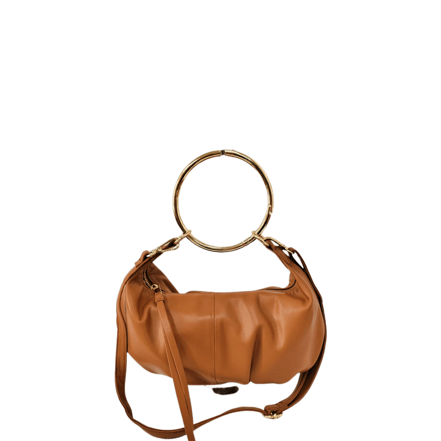 White ladies handbag with metal ring handle and long zip puller