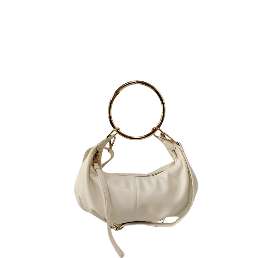 White ladies handbag with metal ring handle and long zip puller