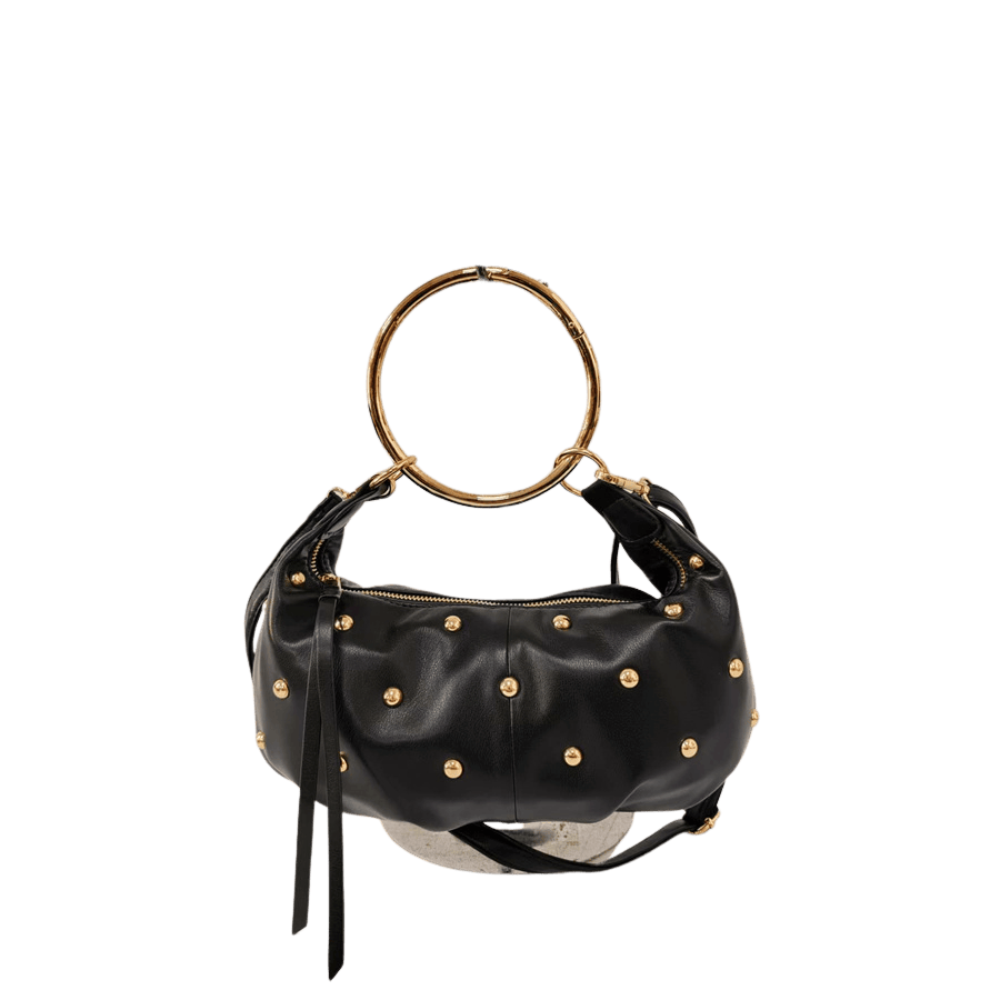 Black ladies handbag with decorative studs and metal ring handle