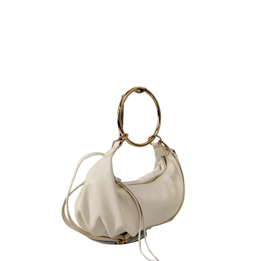 White ladies handbag with metal ring handle and long zip puller