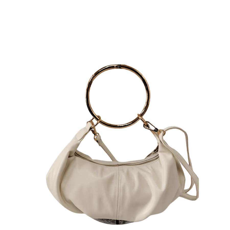 White ladies handbag with metal ring handle and long zip puller