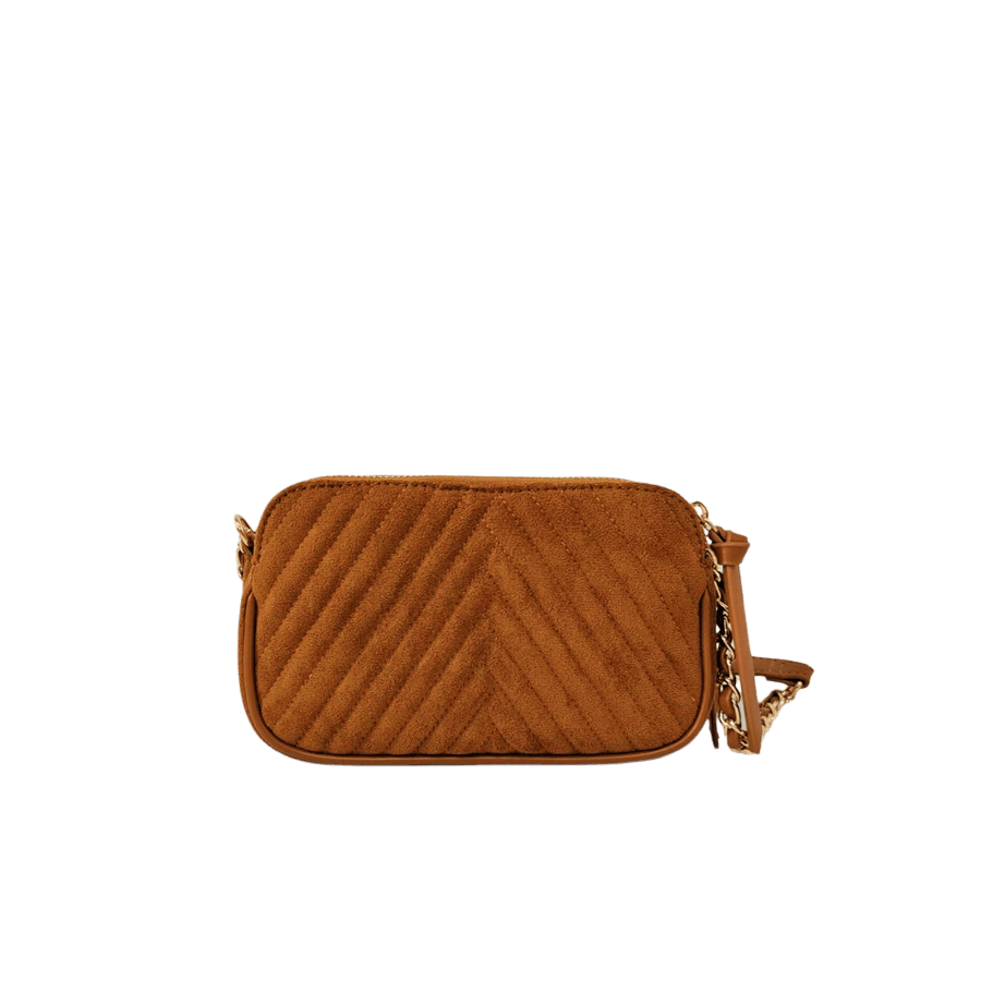 Black quilting ladies crossbody bag with decorative hardware and top zip closure