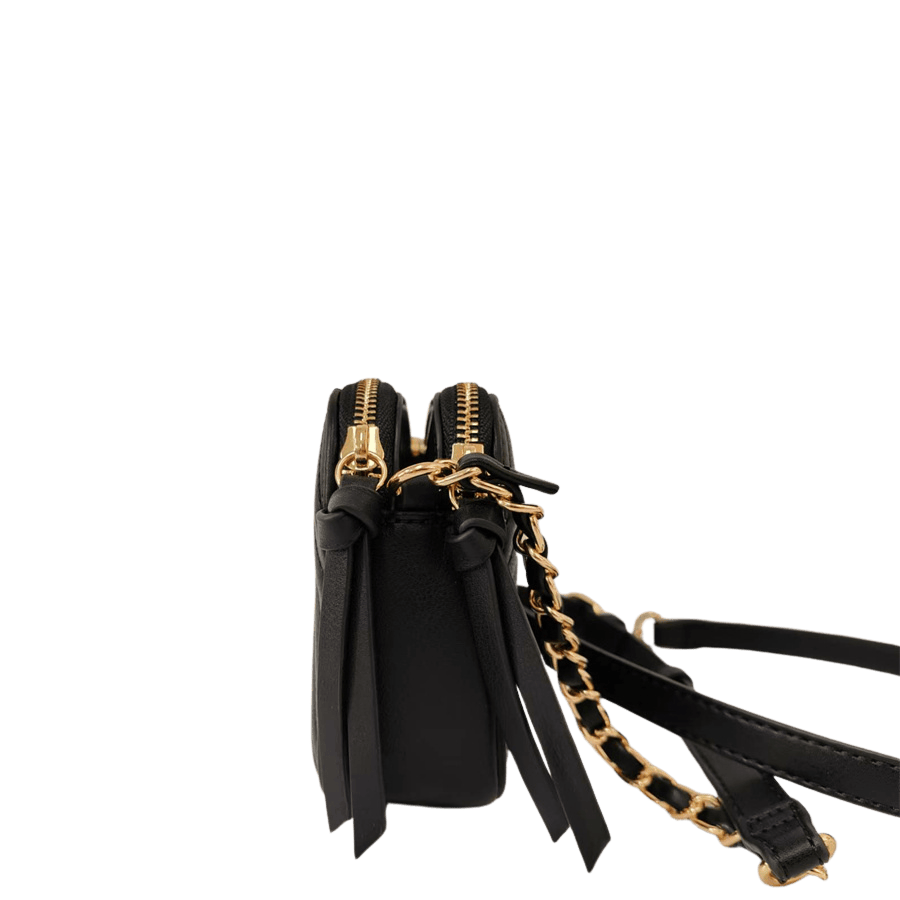 Black quilting ladies crossbody bag with decorative hardware and top zip closure