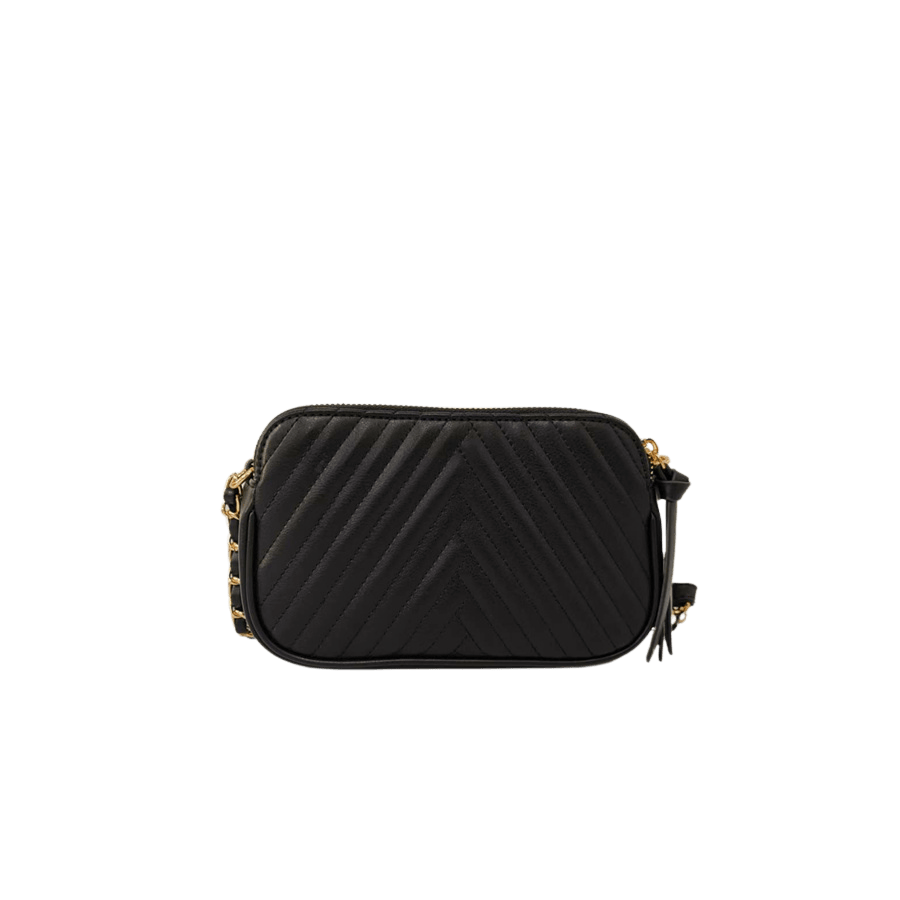 Black quilting ladies crossbody bag with decorative hardware and top zip closure