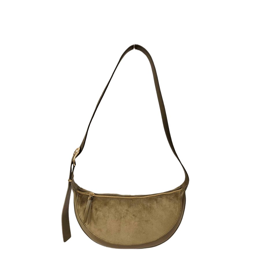 Khaki faux suede ladies handbag with matching trim PU and adjustable handle