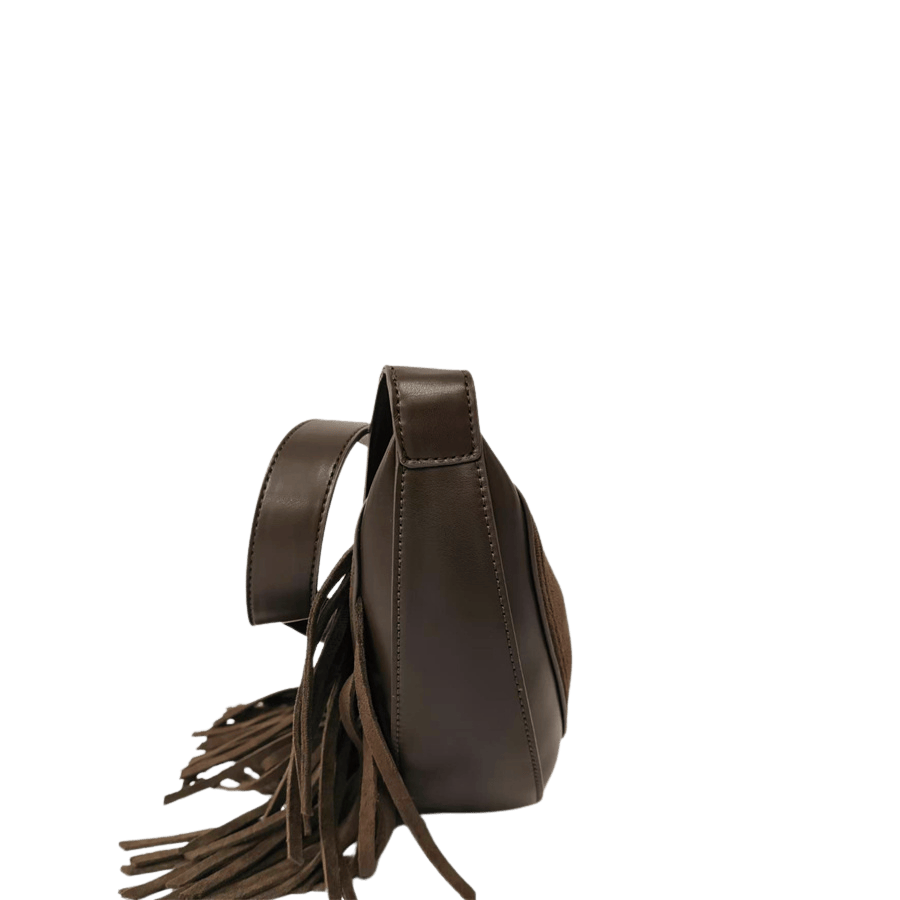 Brown ladies crossbody bag with decorative tassels and adjustable handle