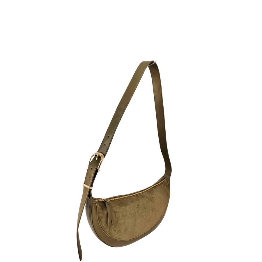 Khaki faux suede ladies handbag with matching trim PU and adjustable handle