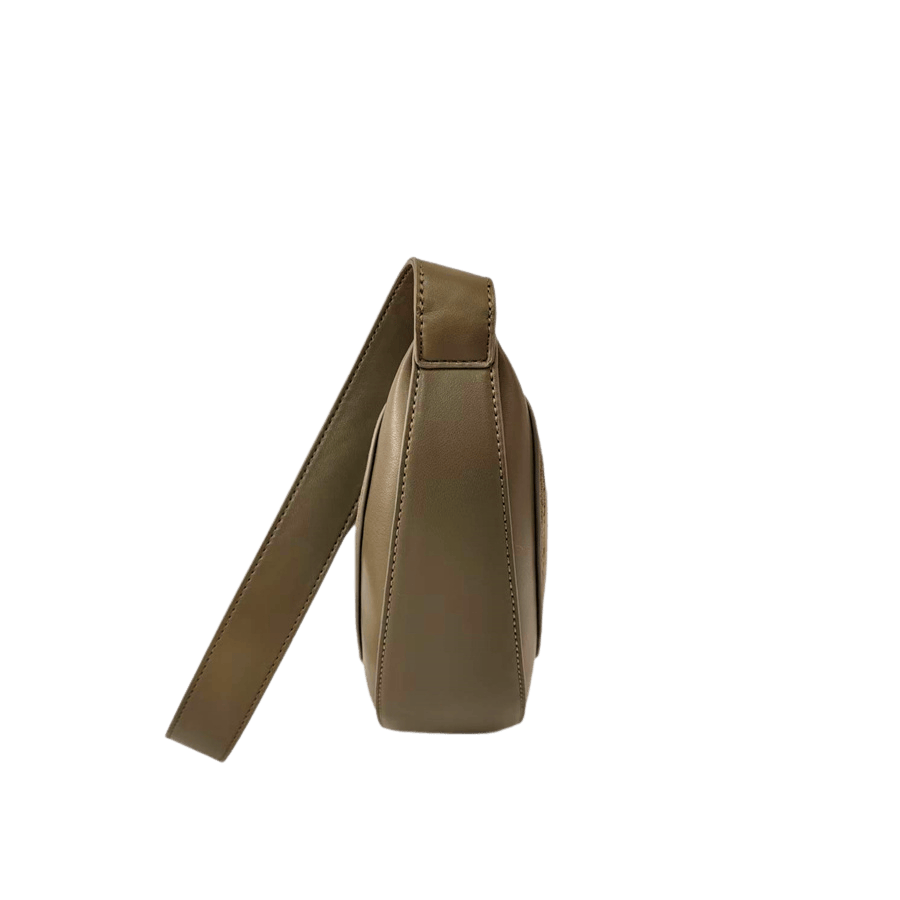 Khaki faux suede ladies handbag with matching trim PU and adjustable handle