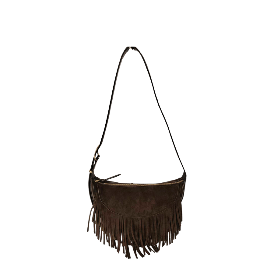 Brown ladies crossbody bag with decorative tassels and adjustable handle