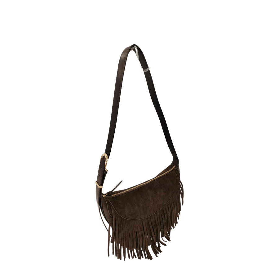 Brown ladies crossbody bag with decorative tassels and adjustable handle