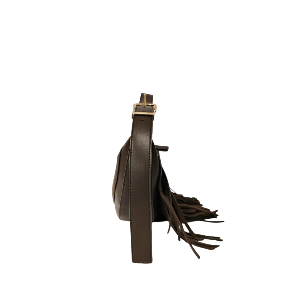 Brown ladies crossbody bag with decorative tassels and adjustable handle