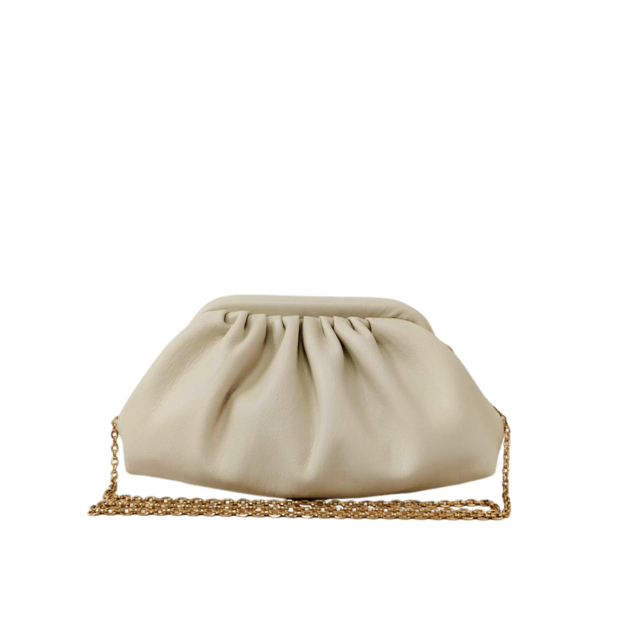 Beige ladies clutch bag with pleats and framed closure