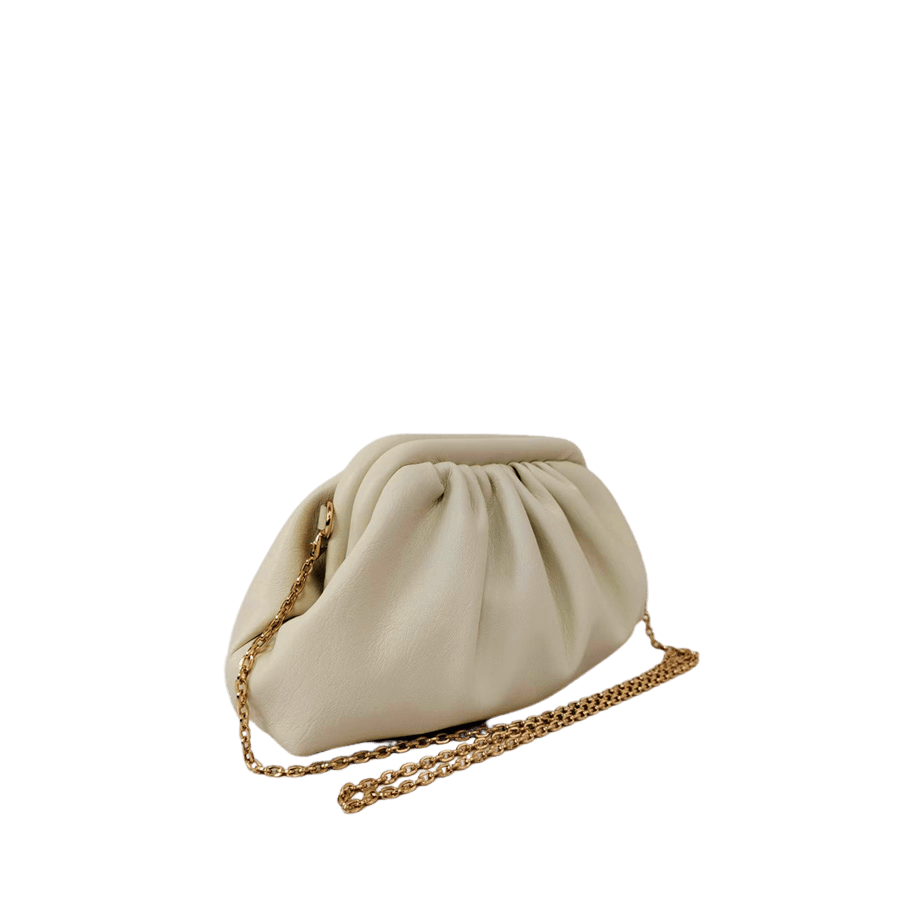 Beige ladies clutch bag with pleats and framed closure