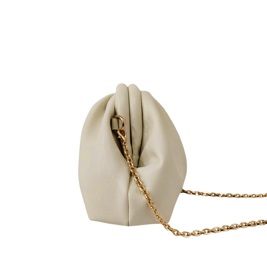 Beige ladies clutch bag with pleats and framed closure