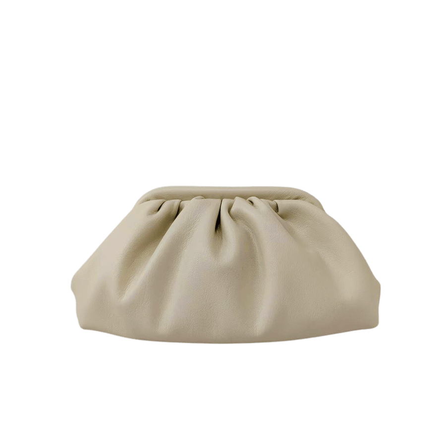 Beige ladies clutch bag with pleats and framed closure