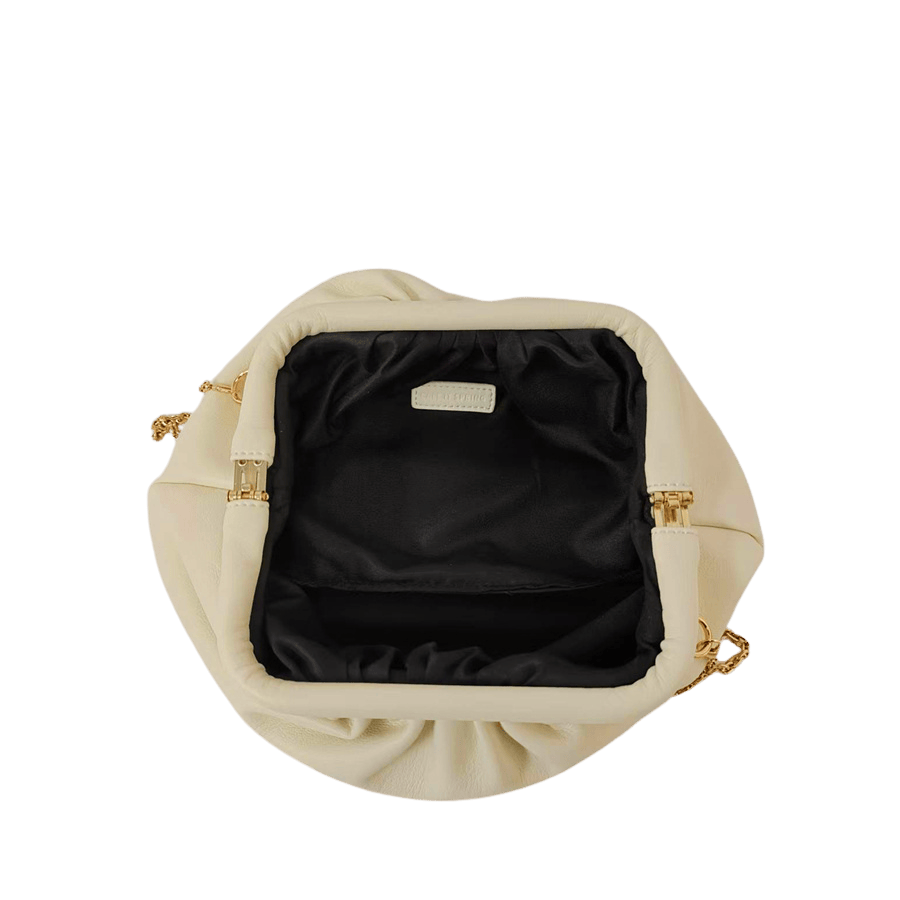 Beige ladies clutch bag with pleats and framed closure