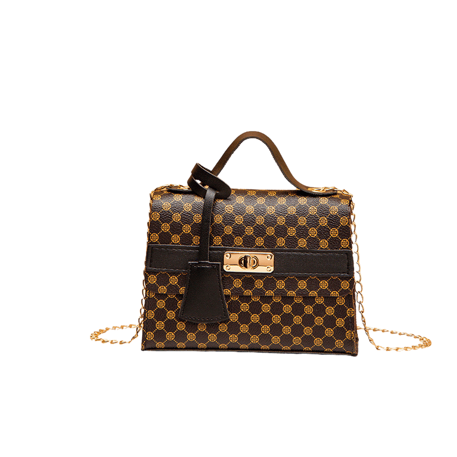 Black ladies handbag with gold prints and PU hangtag