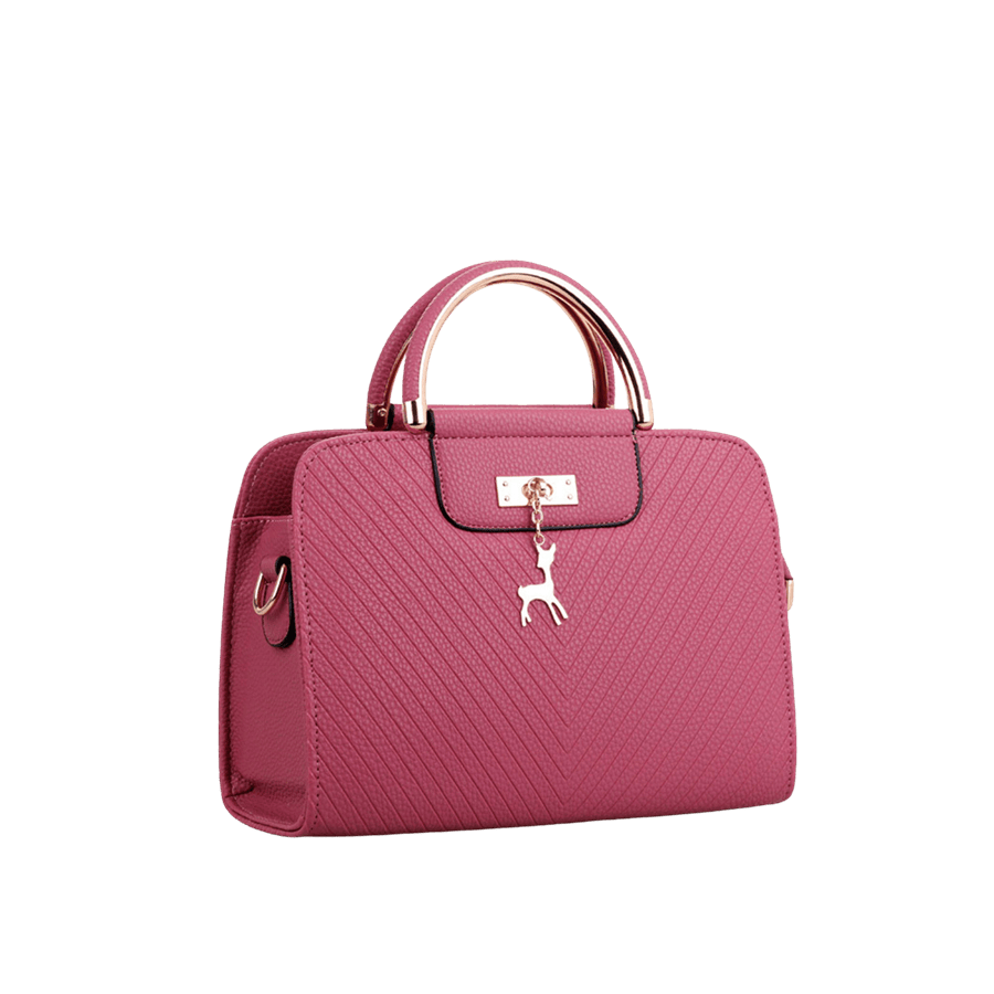 Beige embossed ladies tote bag with metal handle and decorative hardware
