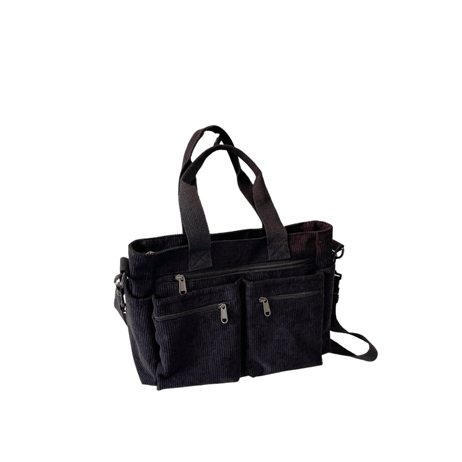 Black faux suede tote bag with front pockets