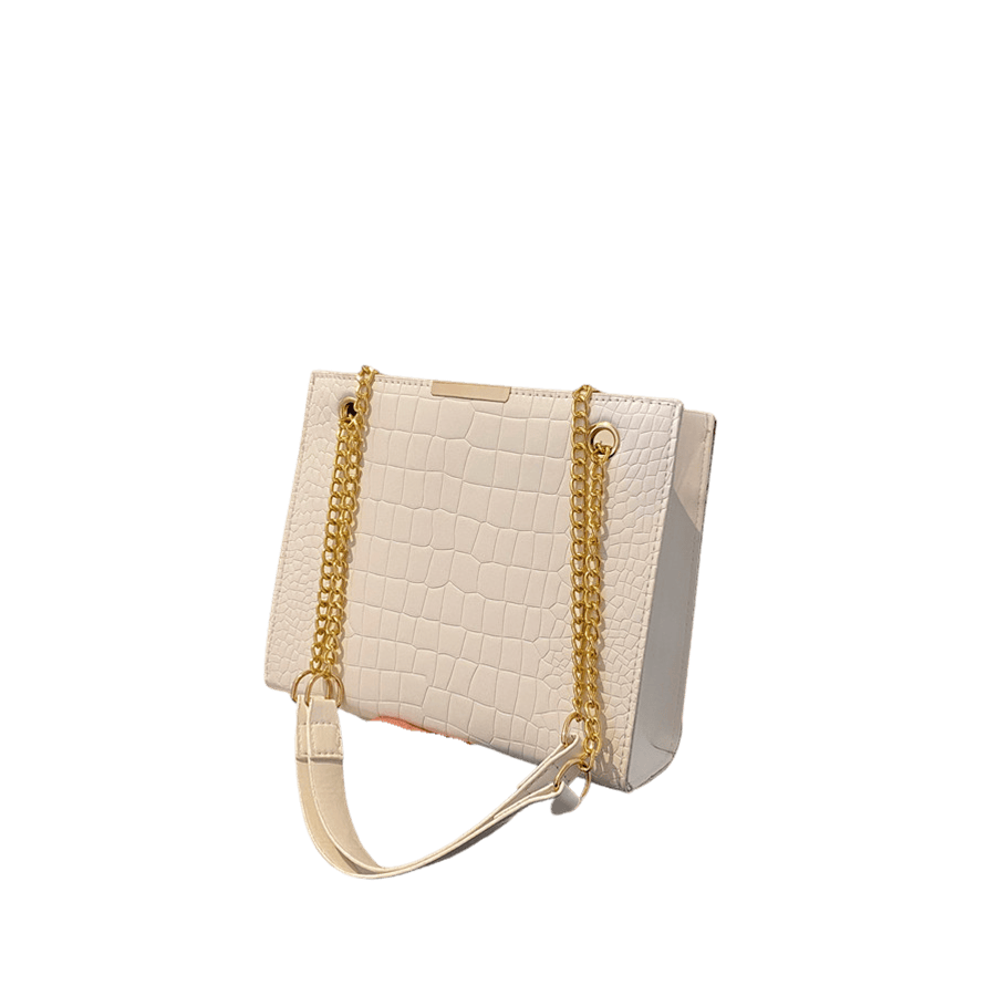 White croco PU ladies tote bag with metal edge on the top