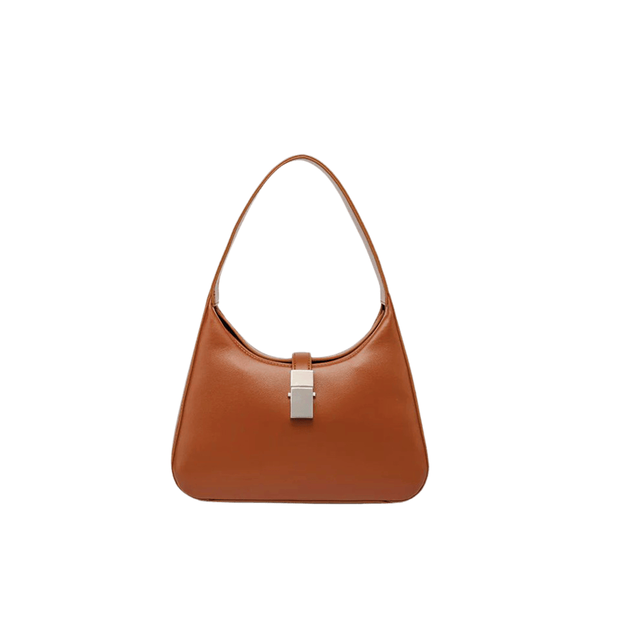 Brown ladies handbag with lock closure
