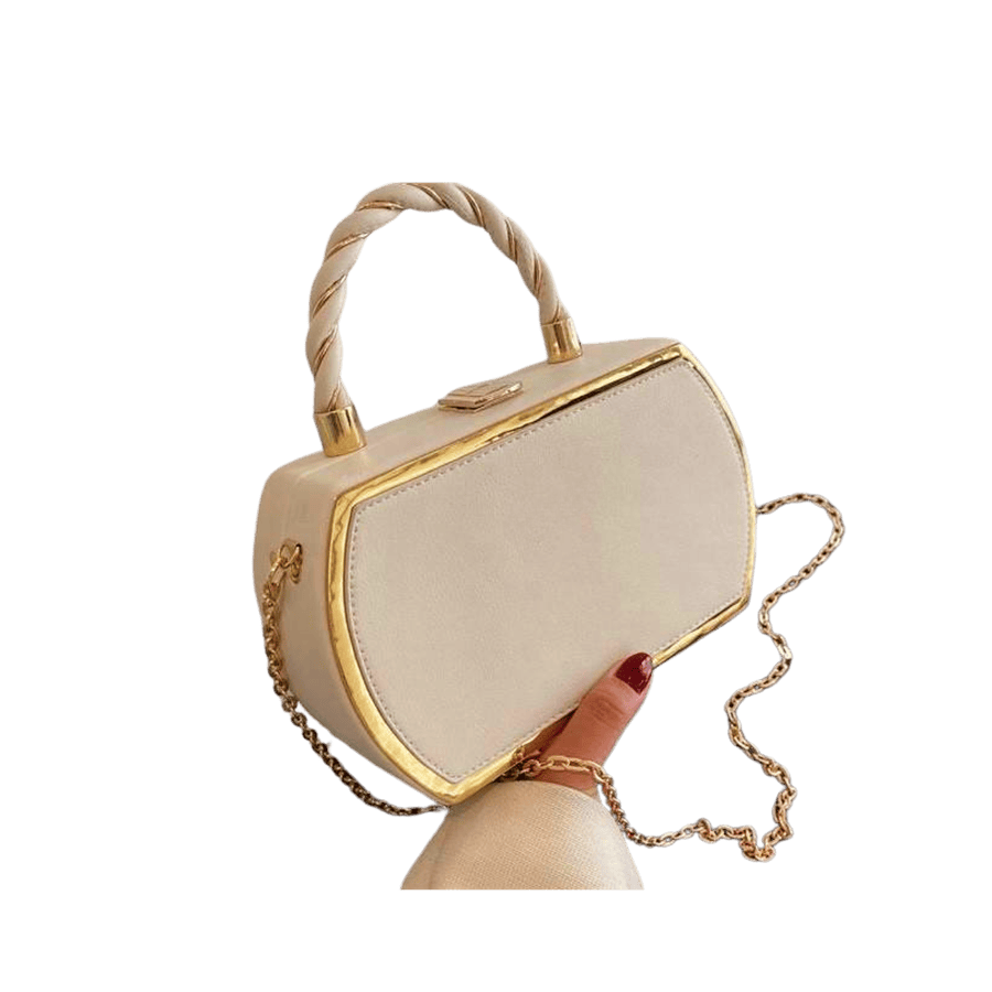 Beige box handbag with frame closure and weave handle