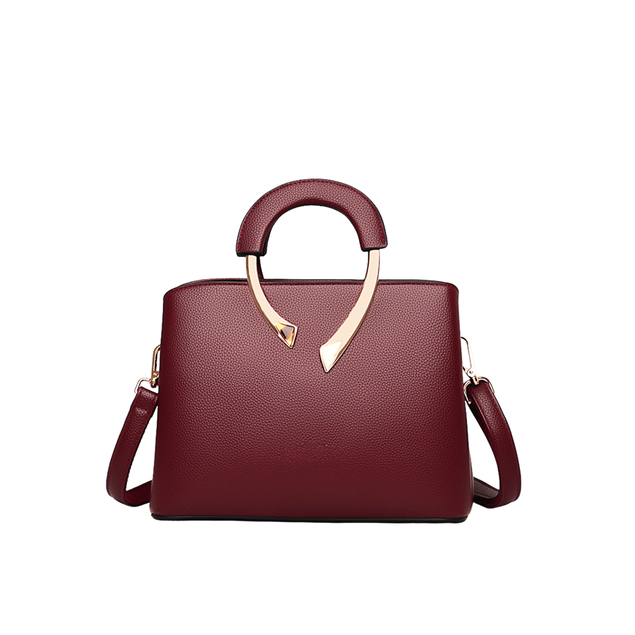 Burgundy pebble PU ladies handbag with metal handle and contrast edge painting