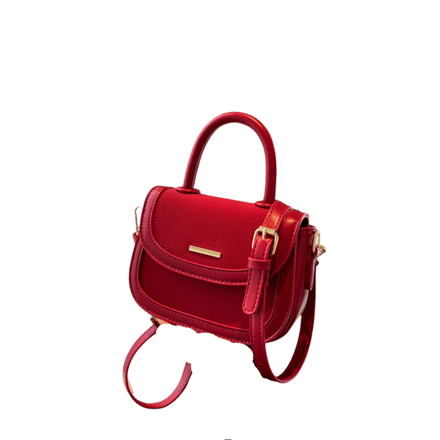 Red ladies handbag with trim PU and metal plate on the flap