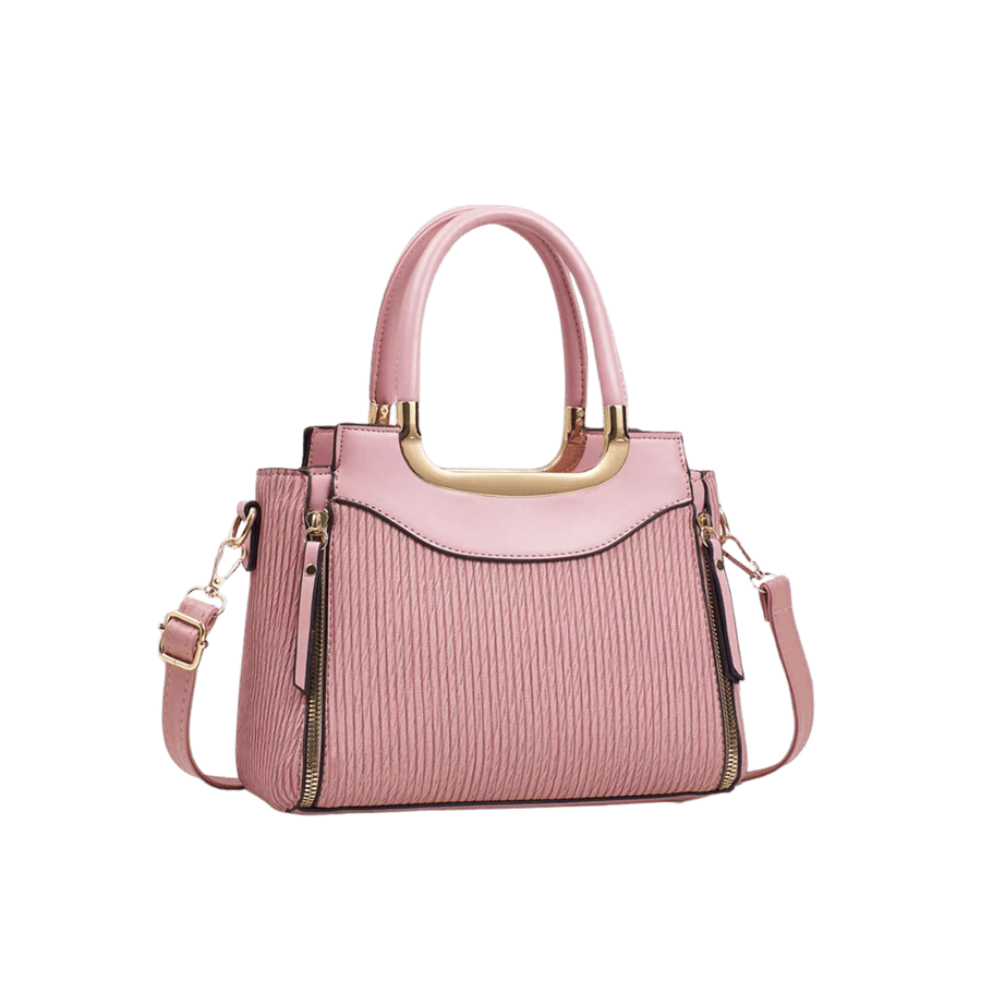 Pink embossed ladies handbag with metal edge on the top and contrast edge  painting