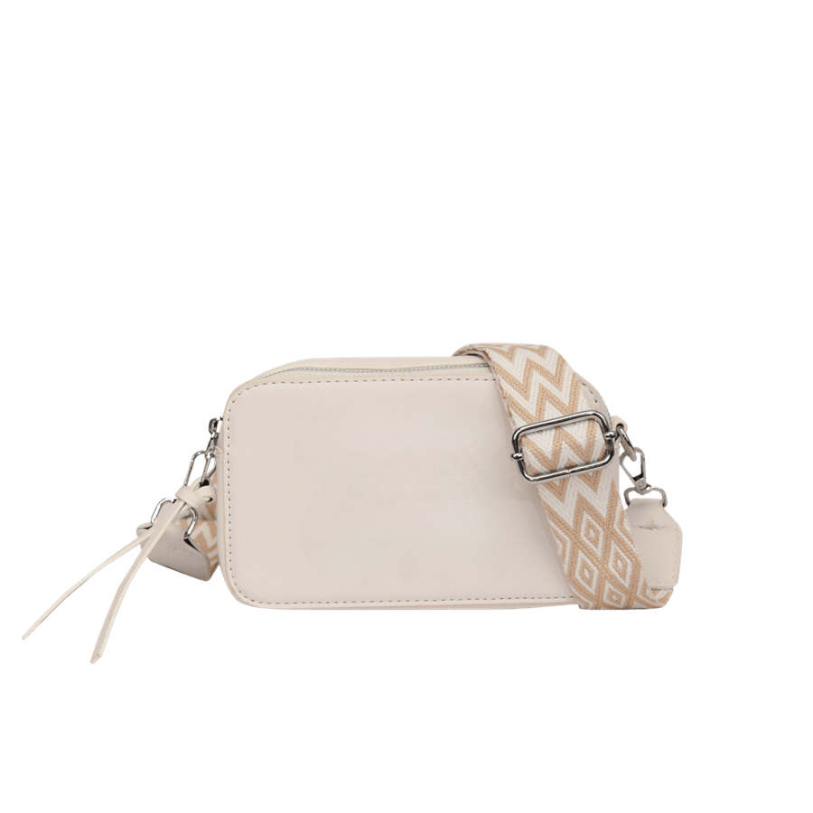 Beige ladies crossboy bag with jacquard webbing shoulder strap and top zip closure