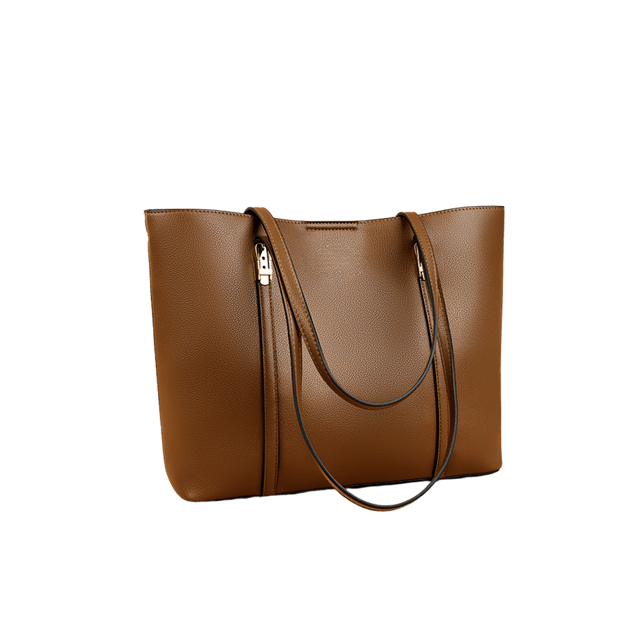 Brown ladies tote bag with metal tab of handle and magnetic snap closure