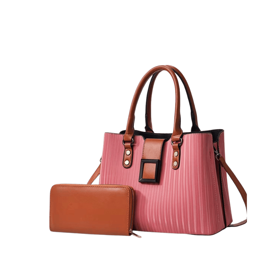 Pink stripe ladies handbag sets with black square hardware on the flap and orange trim PU